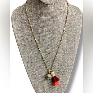 India Hicks RING THE BELL Tassel Necklace Gold Orange Red Rhinestones Boho Chic